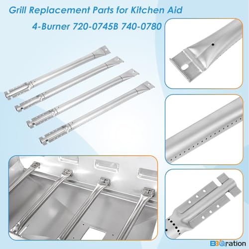 Image of Replacement Kit for Kitchen Aid 720-0745B 740-0780 860-0012 720-0745 720-0745A, 7MM Solid Stainless Steel Cooking Grates, Burners and Heat Plates for Kitchenaid Grill Replacement Parts