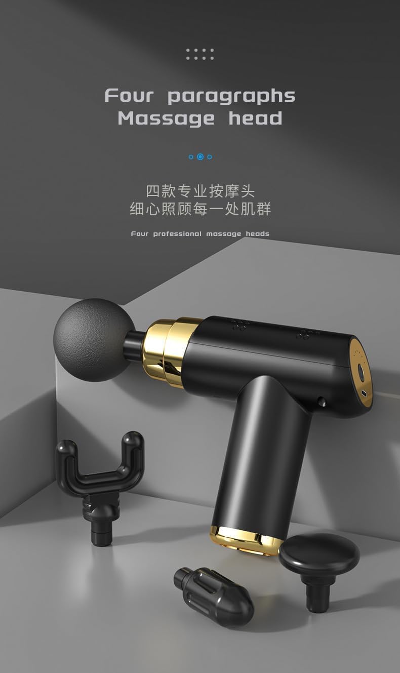 A black Mini Fascia Gun with a ball-shaped massage head attached, and three other massage heads (U-shaped, bullet, and flat) displayed separately.