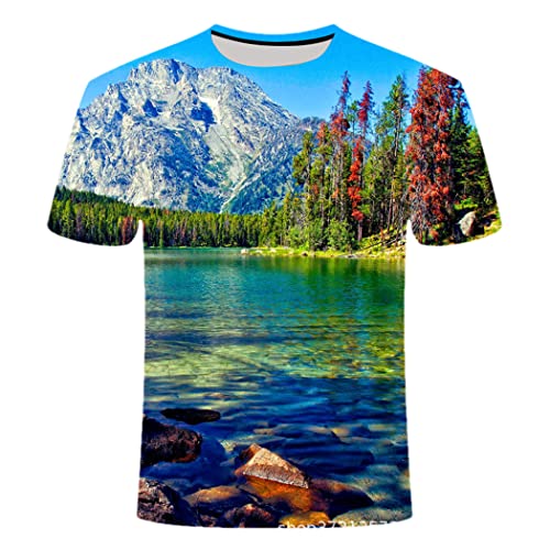 T-shirt manches courtes homme à col rond avec motif paysage tridimensionnel décontracté