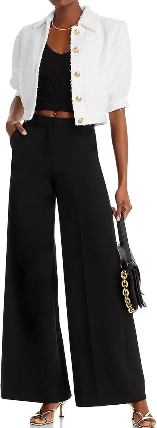 Women's Cropped Tweed Blazer Puff Sleeves Short Sleeve Jacket with Gold Buttons(White,XL)