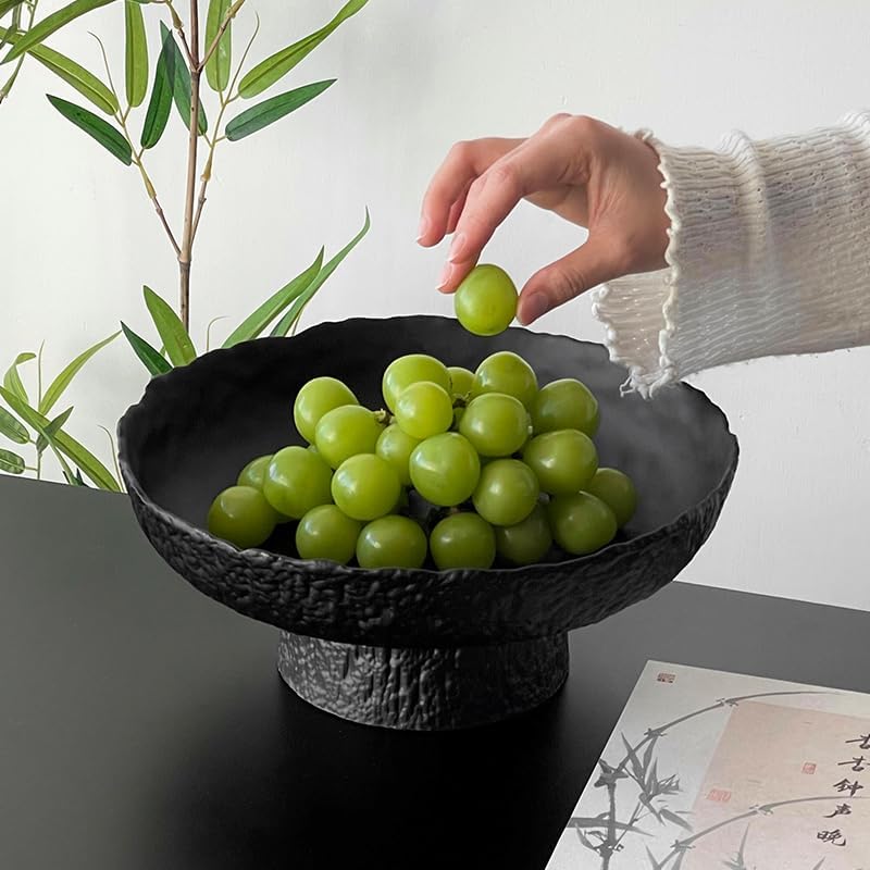 Fruit Bowl for kitchen decor Counter, 10.4‘’Large Decorative Bowl, Modern Display key bowls, High Foot Serving Blows with Irregular Edge Design, High-Temperature Fired Thickened Glass Bowl, Black