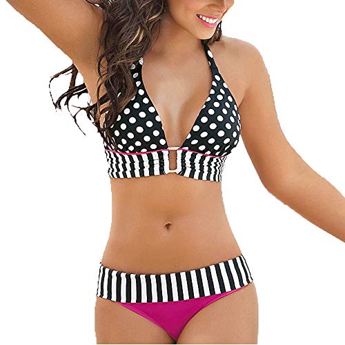 LOPILY Bustier Bikinis Bikini à Pois pour Femme avec imprimé à Rayures Vintage Maillot de Bain Push Up Retro Maillot de Bain rembourré Bikini 2 pièces - Turquoise - Taille Unique Cover