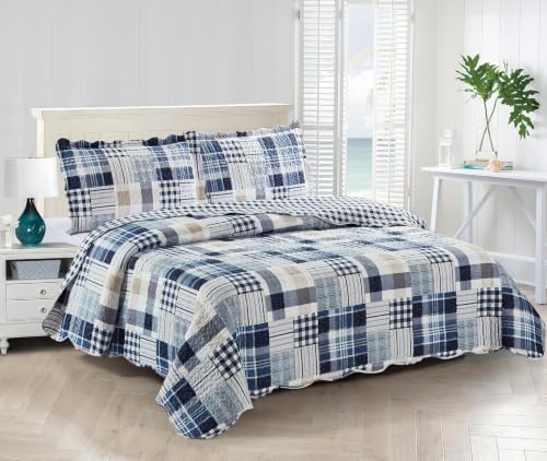 Brilliant Sunshine Blue Plaids & Stripes Patchwork Quilt Set, King Size
