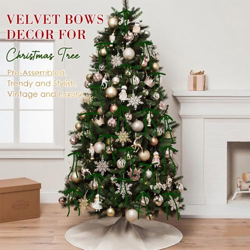 Image of 24 Pcs Green Velvet Bows Ornaments for Christmas Tree, Vintage Rustic Elegant Velvet Christmas Bows Tree Decorations, Indoor Home Decor for Wreath Mantle Gift Wrap Holiday Decor, 3 /8'' W, 5 * 7 inch