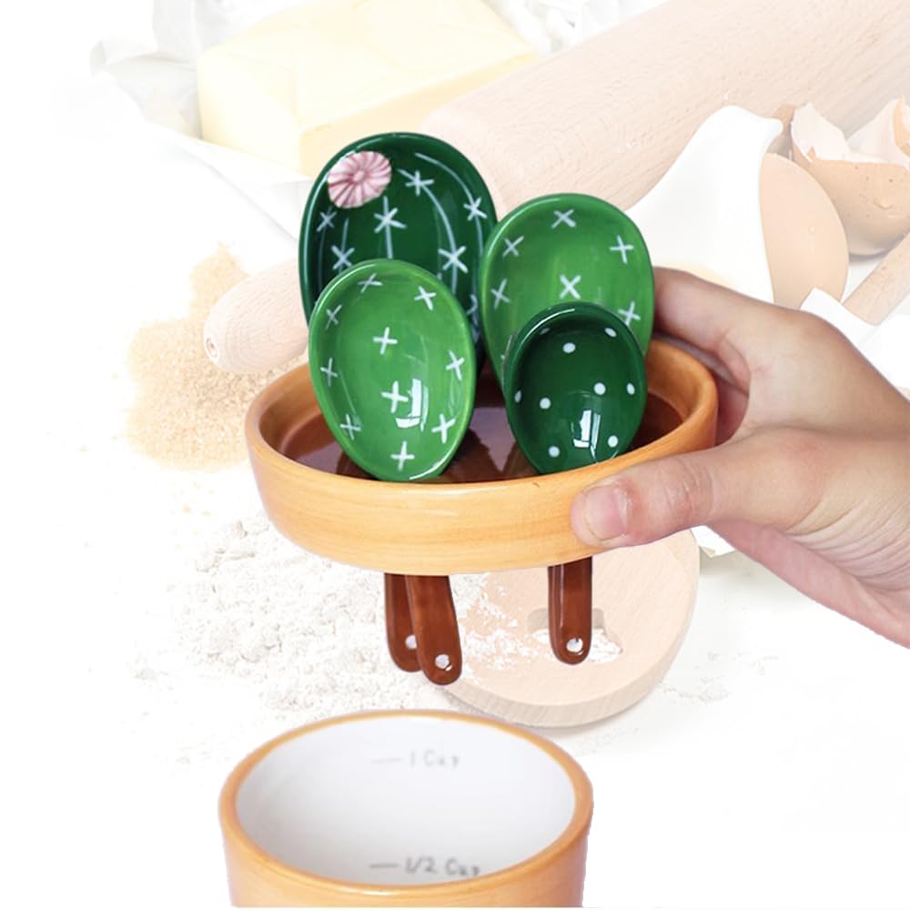 Niedliches Kaktus-Messlffel-Set im Topf-Organizer, 5-teiliges  Keramik-Messbecher-Set fr die Kche, trockene, nasse Zutaten, flssige  Lebensmittel, ...