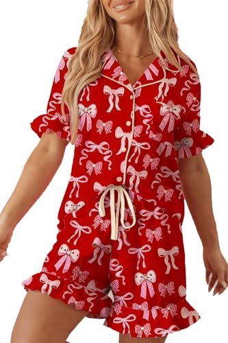 Image of KevaMolly Women Novelty Knotted Candy Cane Christmas Pajama Set | Christmas Floral Bow Print PJ Set, Button Lapel Knotted Drawstring Shorts with Convenient Side Pockets