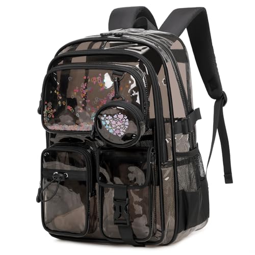 ASKSKY Clear Backpacks for Stadium Events Heavy Duty Clear Bookbag for School Girls Transparent Back Pack Black Semitransparent