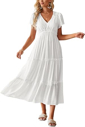 Arach&Cloz Womens 2024 Spring Summer Maxi Dress Boho Flutter Short Sleeve Tiered V Neck Ruffle Vacation Outfits Long Dresses