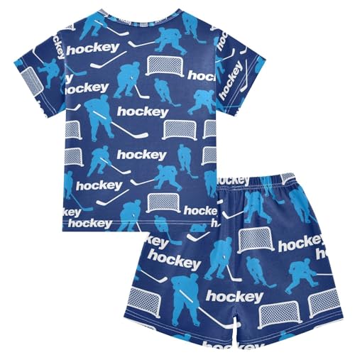ALAZA Ice Hockey Cartoon Blue Pajamas Set Short Sleeve Cotton Sleepwear Summer Pjs 2 Piece 5-14Y2