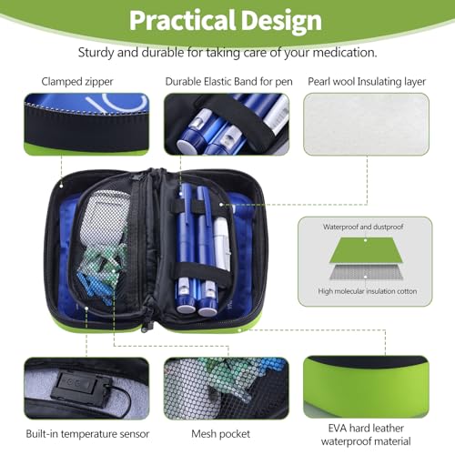 Image of Insulin Travel Organizer - TSA Approved Diabetic Medicine Storage Bag with Temperature Display and 2 Cooling Gel Packs (Green)