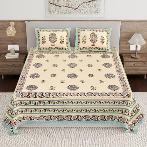 Image of Living Roots Ethnic Jaipur Block Print Double Cotton Bedsheet & 2 Pillow Covers, for Mattress Upto 6 inches Thick, No Colour Bleeding, Green Colour, King Size 90 * 108 inches, 120TC (614-C)