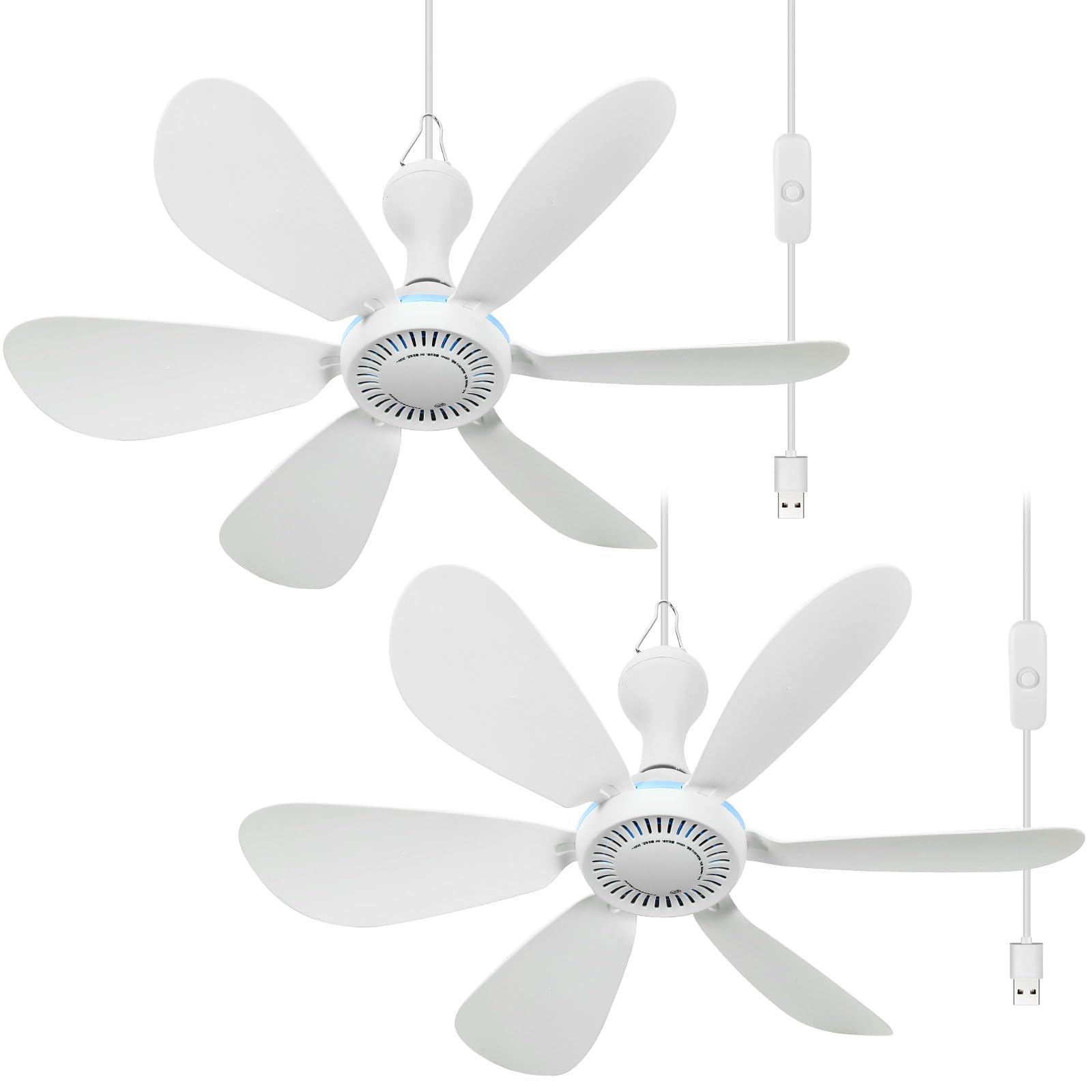 Glooglitter 2 Sets USB Hanging Ceiling Fan with Remote Control, Timing, and 6.8ft Extension Cord 6 Blade Quiet Small Dc USB Ceiling Fan for Camping Bed Dormitory Rv Tent Home Room