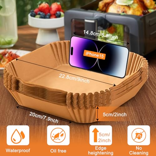 Image of 200PCS Air Fryer Liners Disposable: Square 7.9 Inch Non-Stick Airfryer Paper Liners - Food Grade Parchment Paper for 5 6 7 8 QT Air Fryer Baking and Roasting - Waterproof and OilProof (9 Inch on Top)