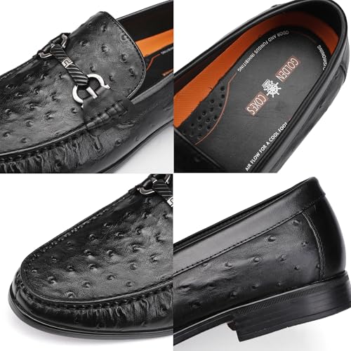Classic Men's Leather Dress Shoes, Casual Ostrich Patterned with Buckle Slip-On Penny Loafers for Weddings, Parties, and Business, Formal Dress Shoes for Men, Black3