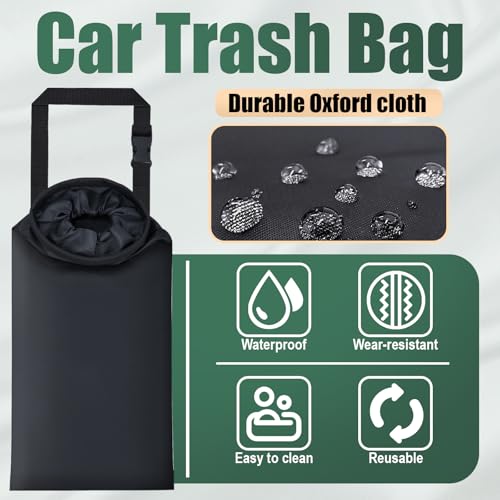 2 PCS Car Trash Bags, Washable Car Garbage Bag Hanging, Detachable Trash Can with Top Elastic Vent & Sticky Strap Bottom Opening, Seat Back Tash Bag for Cars,Travelling,Outdoor