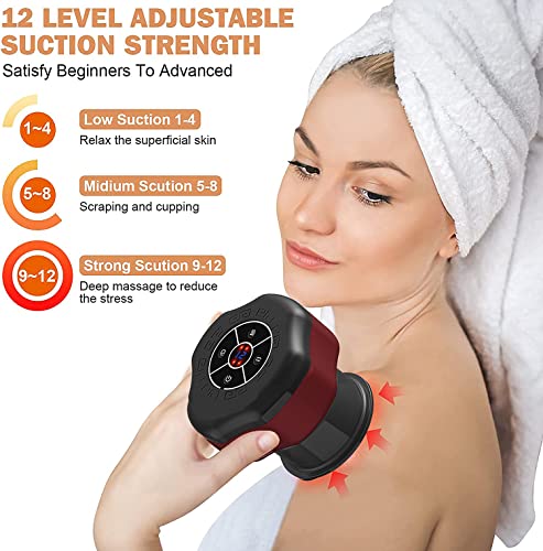 Electric Cupping Therapy Set - Smart Vacuum Scraping Cupping Set With 12 Levels Temperature And Suction Include 2 Size Cups, Rechargeable Cupping Massager For Neck, Shoulder And Back Massage (Red) #TOP1