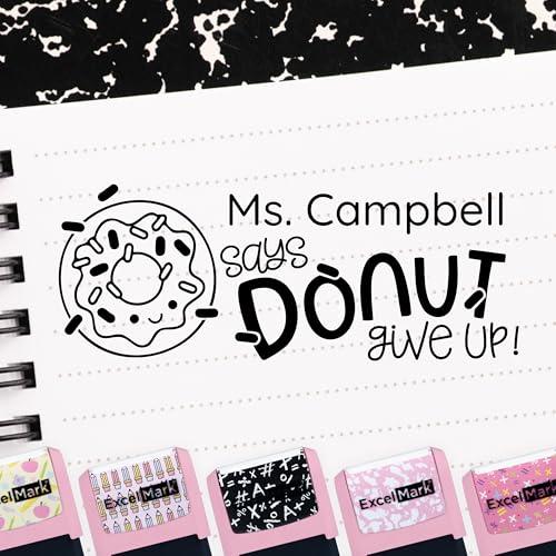 ExcelMark Personalized Teacher Stamps for Classroom - Custom Stamps for Grading - Puns of Praise with 12 Stylish Mount Patterns (Pink Mount, Donut Give Up)