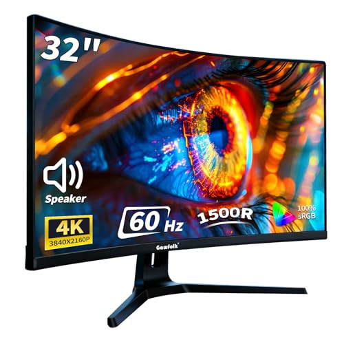Gawfolk 32 Inch 4K Curved Monitor 60Hz, UHD 3840x2160 PC Monitor with Built-in Speakers, 1500R...