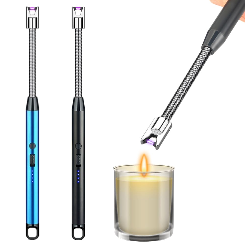 2 Pack Candle Lighter,Arc Lighter with USB Charging,Flameless Windproof,LED Battery Display,Safety Switch,Rotate 360 Degrees,for Aromatherapy,Candles,BBQ,Camping.(Blue&Black)