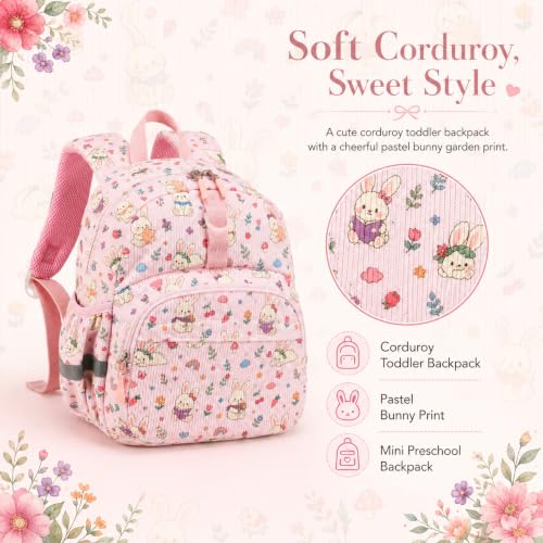 Image of LOIDOU Toddler Backpack for Girls Ages 2-4, 12 Inch Mini Preschool Daycare Bookbag with Insulated Snack Pocket, Corduroy Small Kids Travel Backpack, Pink Bunny