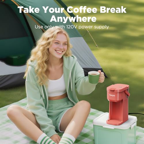 Image of Tastyle Single Serve One Cup Coffee Maker, for K Cups and Grounds, Mini Coffee Maker with Portable Handle, 6 to 12 Oz Brew Size, for Travel, Camping, Office, RV and Dorm, 120V, Salmon Pink