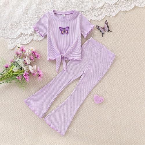 Image of Kid Girl Clothes Butterfly Patch T-Shirt Jogger Pants Ribbed 2PC Summer Fall Outfits Set