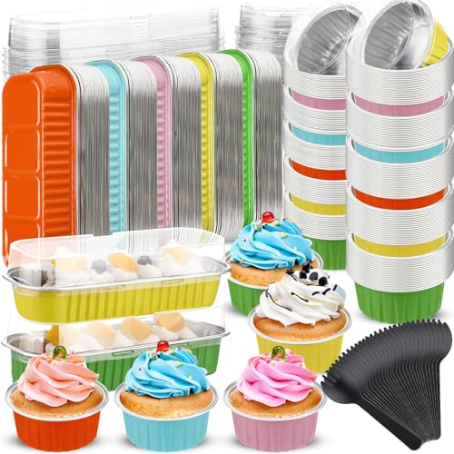 Blushtier 720 Pcs Mini Loaf Pans with Lids and Spoons 6.8 oz Rectangular Aluminum Foil Baking Pans Round Mini Cake Tins for Bread Desserts
