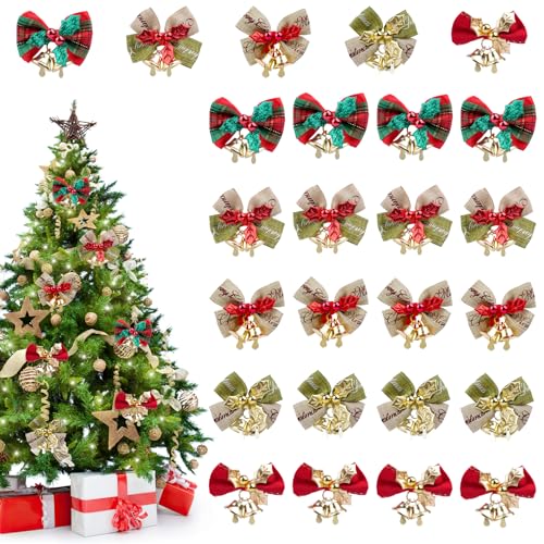 25 Stück Schleifen Weihnachtsbaum mit Glöckchen,Weihnachtsschleifen...