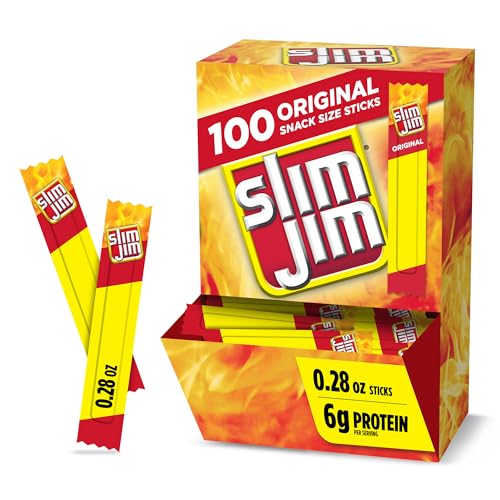 Slim Jim Smoked Meat Sticks, Original Flavor, 6g Protein Per Serving, Snack Size, 0.28 oz. (100 Count)