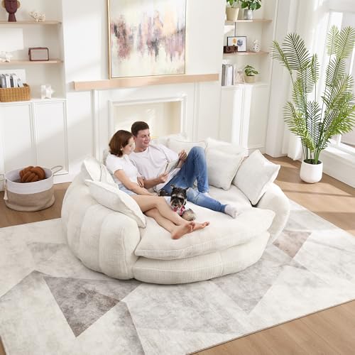 Image of 81 inch Round Sofa Bed Big Bean Bag Round Chaise Lounge Oversized Round Couch Boneless Reading Chair Plush Fluffy Chenille Large Chaise Chair for Living Room, Bedroom, Apartment, Beige