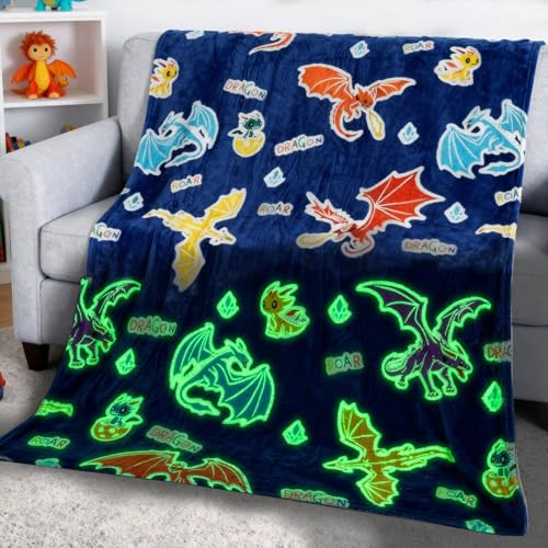 Dragon Gifts Dragon Blanket for Boys Kids Glow in Dark Blanket Glowing Cartoon Throw Blanket Soft Fleece Blanket for Room Bed Sofa Decor for Boy Girls Men