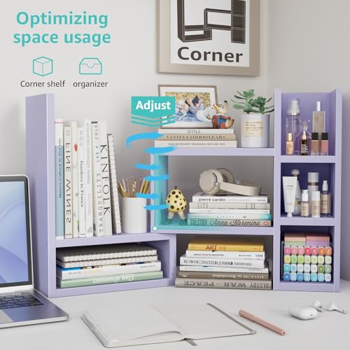 Image of NUTIKAS Desk Shelves Desktop Organizer Shlef - Purple Office Organization for Top of Desk Organizers and Accessories Corner Bookshelf Table Top Shelving Small Hutch Decorations for Women Office