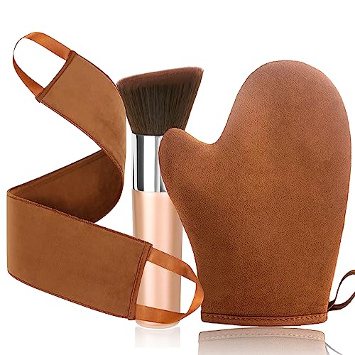 VNITT 3-in-1 Self Tanning Kit with Mitt, Back Applicator & Kabuki Brush for Body, Face, Hands - Sunscreen Applicator Tool