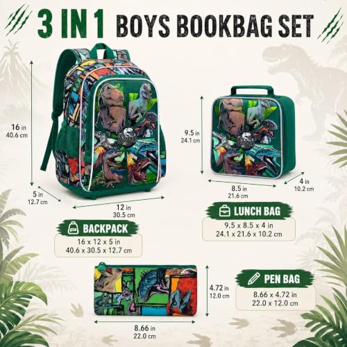Image of 3PCS Dinosaur Backpack for Boys, 16 Inch Kids Water Resistant Preschool Elementary Kindergarten Bookbags and Lunch Box | Kids