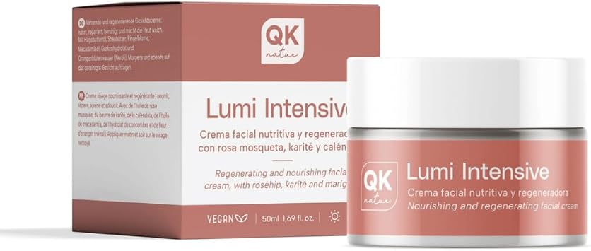 QKnatur Lumi Intensive Nourishing and Regenerating Face Cream with Rosehip, Shea, Calendula and Cucumber Hydrolate - Natural and Vegan Hydration for Dry and Sensitive Skin - 50ml