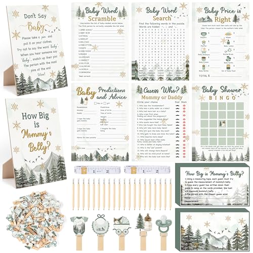 424Pcs Winter Baby Shower Game Set-8 Games Baby Its Cold Outside Winter Wonderland Snowflake Decorations Includes Bingo Word Scramble Fun & Easy to Play How Big is Mommys Belly Dont Say the Word