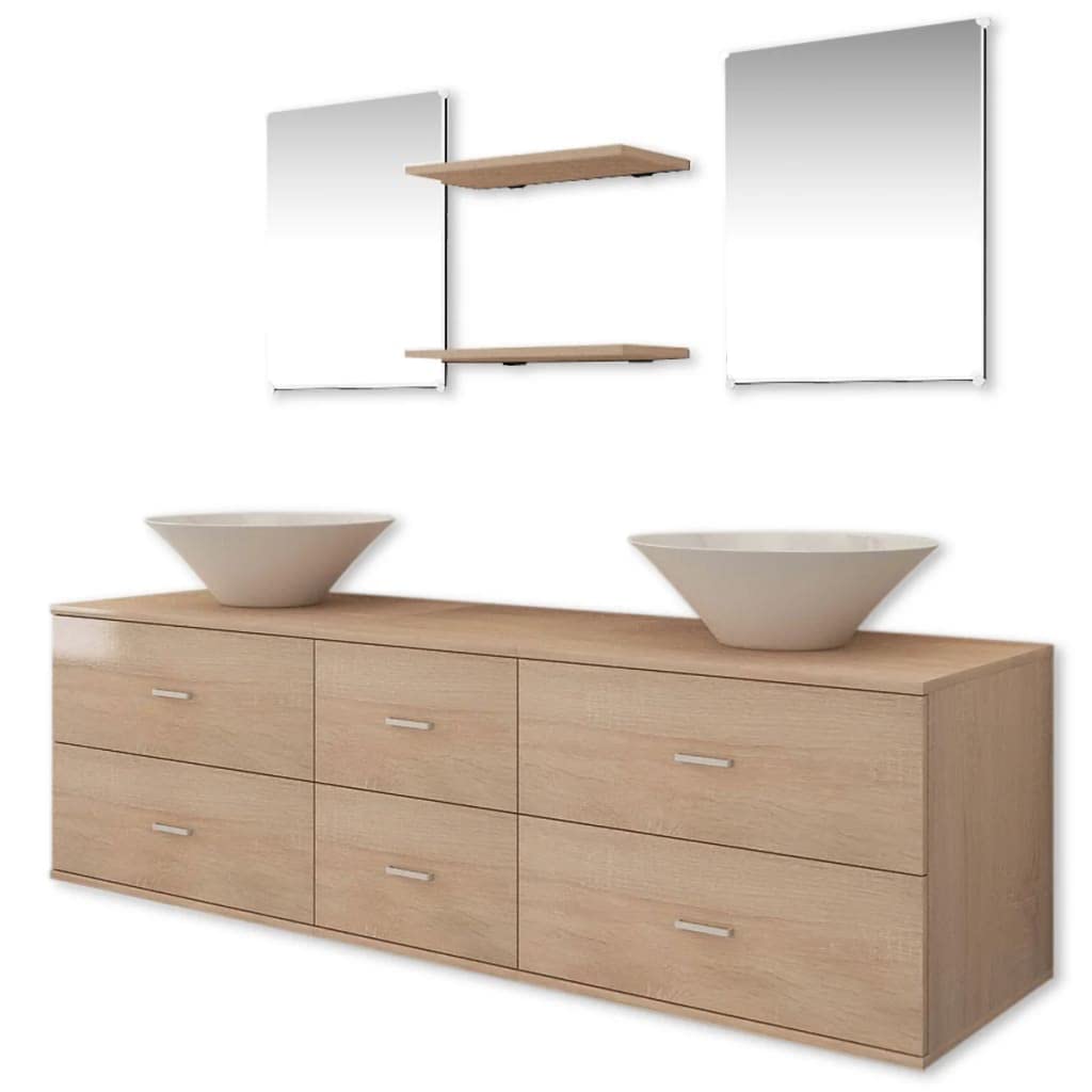 Hothingwell Waschtisch mit Schubladen, 7-teiliges Badezimmer-Set, 1 Wandschrank, 2 Spiegel, 2 Regale, Keramik-Waschbecken, Beige, geräumiger Stauraum für Badezimmer