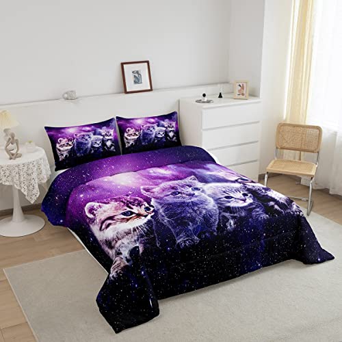 Cat Comforter Cute Pet Cats Pattern Bedding Set Outer Space Kawaii Kitten Comforter Set For Children Kids Boys Girls Cartoon 3D Animal Theme Galaxy Duvet Set Purple Room Decor Quilt Set Queen Size #TOP1