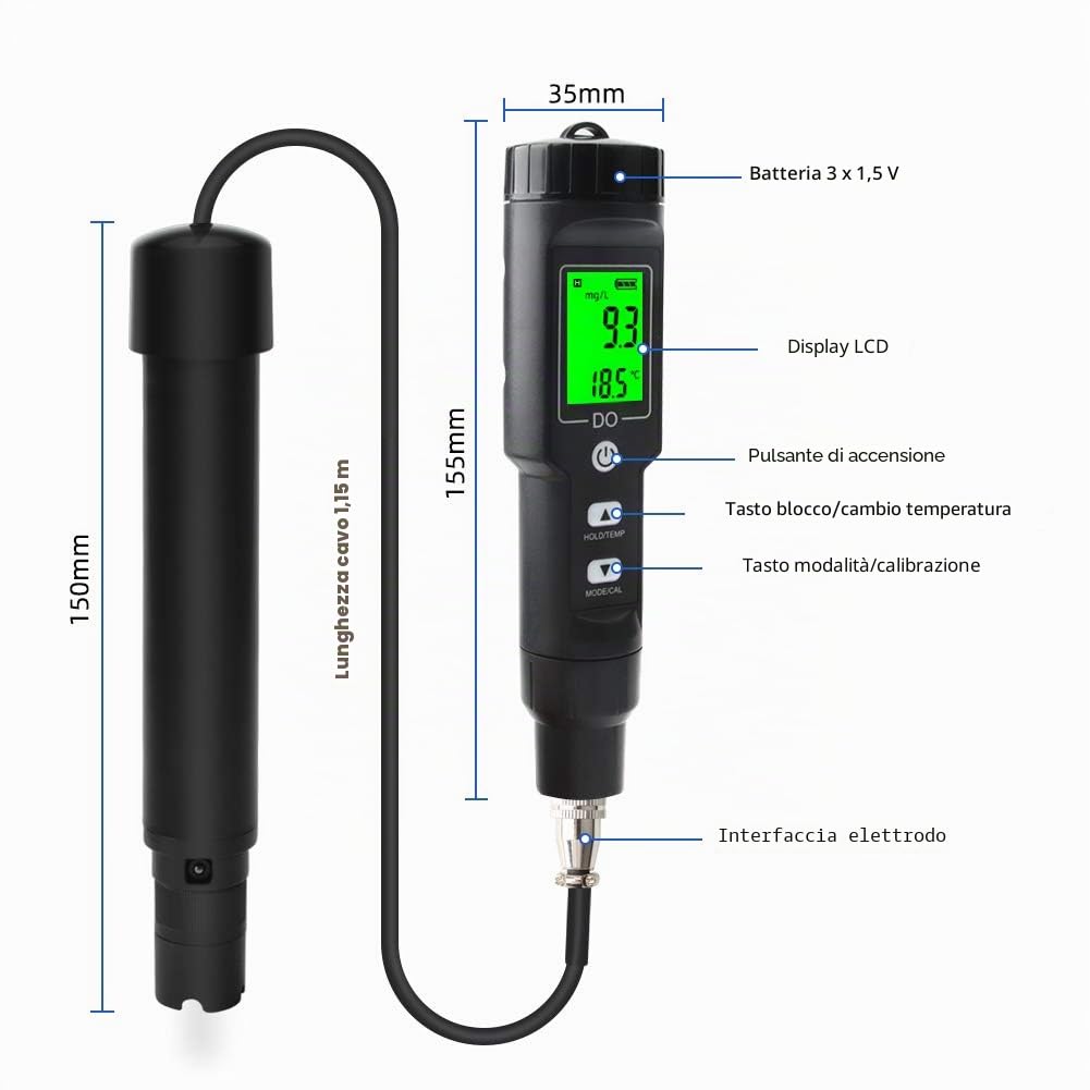 Jadeshay Misuratore di Ossigeno Disciolto Digitale,Tester Acqua IP67 Impermeabile con Cavo Sonda Elettrodo da 1,15 Metri Intervallo 0,0-30,0 MG/L LCD Digitale per Stagni Acquari Acquacoltura