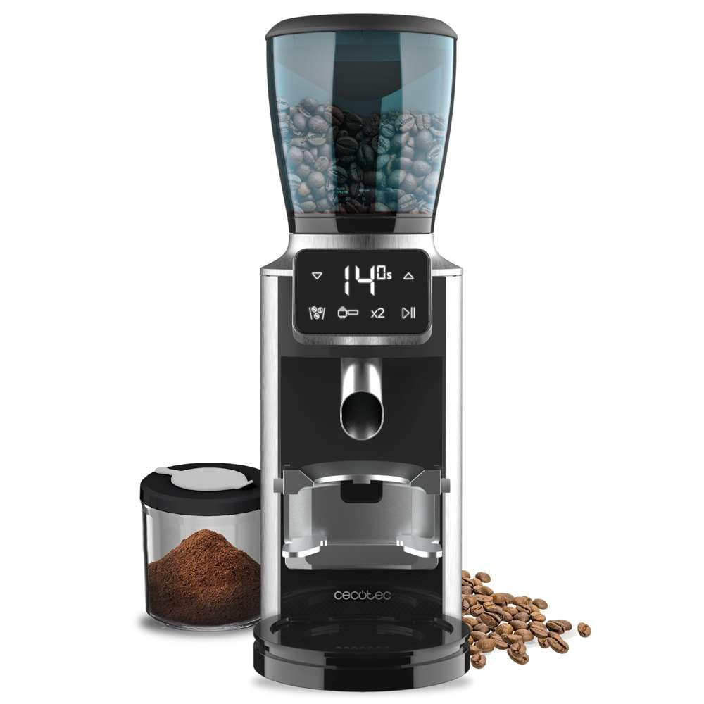 Cecotec - Moulin à Café Électrique SteelMill Touch - 200W, Acier Inoxydable, Écran Tactile et 30 Niveaux de Mouture, Récipient à Grains de 300gr avec Couvercle et 200gr de Café en Poudre