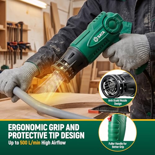 Image of SATA Heat Gun with LCD Display, Variable Temperature 120℉-1200℉ Hot Air Gun with Memory Function and One-Touch Cooling for Vinyl Wrap, Paint Remover, Heat Shrink and Crafts, Anti-Scald Air Nozzle