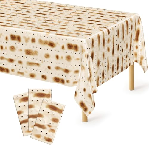 Image of 3 Pack Passover Decorations, 108 inch X 54 inch Passover Matzah Tablecloth, Disposable Plastic Seder Party Supplies, Rectangle Pesach Matzo Table Covers for Festival Holiday Party Home Dining Table Decor