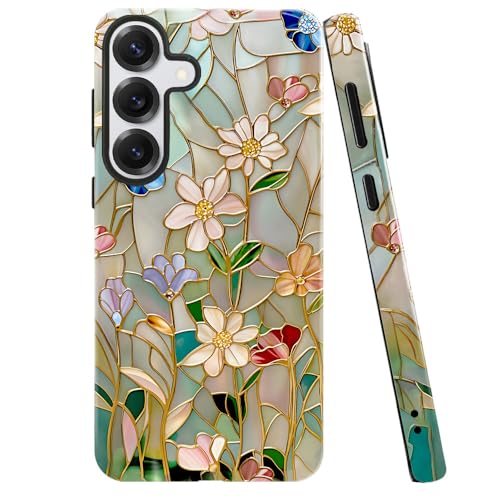 TnXee Case for Samsung Galaxy S25,Stained Glass Bloom Flower Phone Case Drop Resistant Glossy 2 in 1 Solid Dual-Layer Cover for Girl Women