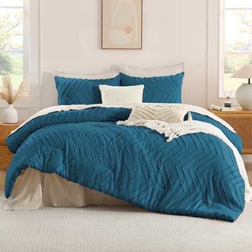 Image of Andency Teal Comforter Set Queen Size, Boho Soft Warm Tufted Bedding Comforter Sets for Queen Size Bed, 3 Pieces Aesthetic Chevron Farmhouse Cute Bohemian Textured Bed Set