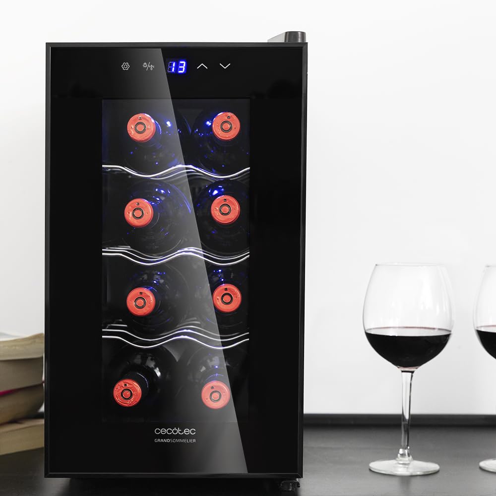 Cecotec Vinoteca Grand Sommelier 800 CoolCrystal. 8 Botellas, Capacidad de 25L, Puerta FullCrystal, Acabado de Espejo, Estantes en Acero Inoxidable, Panel táctil y Pantalla LED