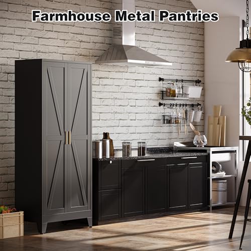 Image of Bevivog 71 inch Kitchen Pantry Cabinet, Metal Storage Cabinet with 2 Doors and 4 Adjustable Shelves, Farmhouse Black Metal Pantry Cabinets Storage for Kitchen, Home Office,Garage, Laundry Room