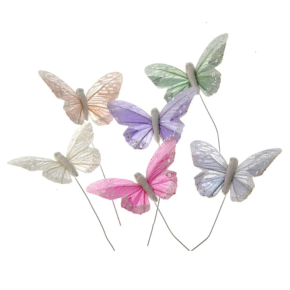 Corsage Creations Pastel Feather Butterflies | 7cm Butterflies with 20cm Wire | Peach, Green, Grey, Lilac, White & Pink | for Bridal Bouquets, Wrist Corsages & Floral Arrangements | Pack of 12