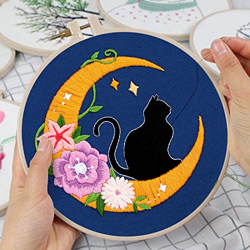 Image of Louise Maelys Cat Moon Embroidery Kit for Beginners Floral DIY Craft Set | Cross Stitch Kits with Cat Moon Floral Design, Includes Hoop, Threads, Needles and Guide. Needlepoint Kit for Adults DIY