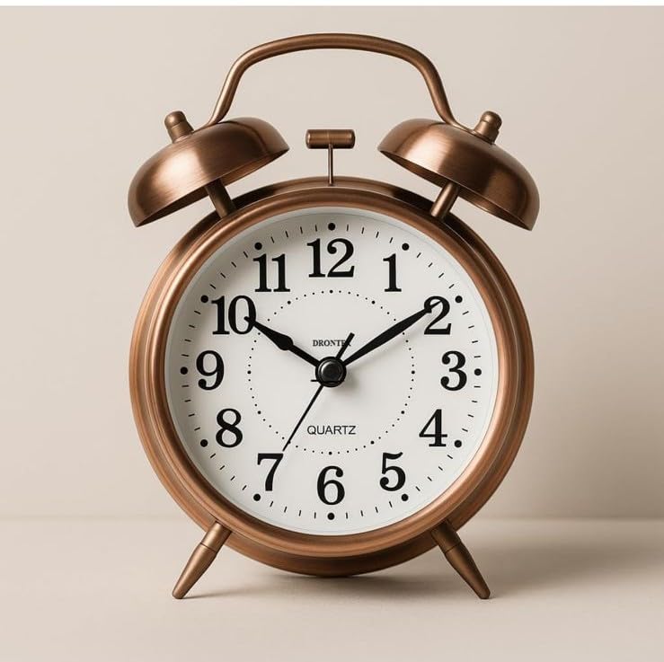 Image of Vintage Twin Bell Alarm Clock, Classic Retro Metal Table Clock, Roman Numeral Analog, Battery Operated, Antique Style, for Bedroom, Bedside, Office, Two Colour Bronze & Copper (Copper with Number)