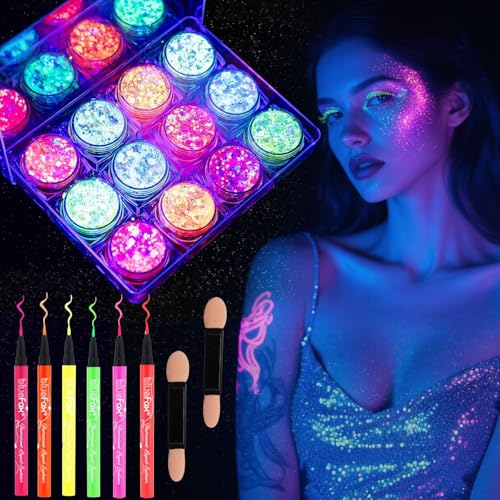Festival Glitzer Gesicht, 12 Farben Fluoreszierendes Chunky Sequin und 6 Eyeliner Face Body Glitter Festival Zubehör Haar Glitzer Festival Gesichtsglitzer für Karneval Körperglitzer Halloween Schminke